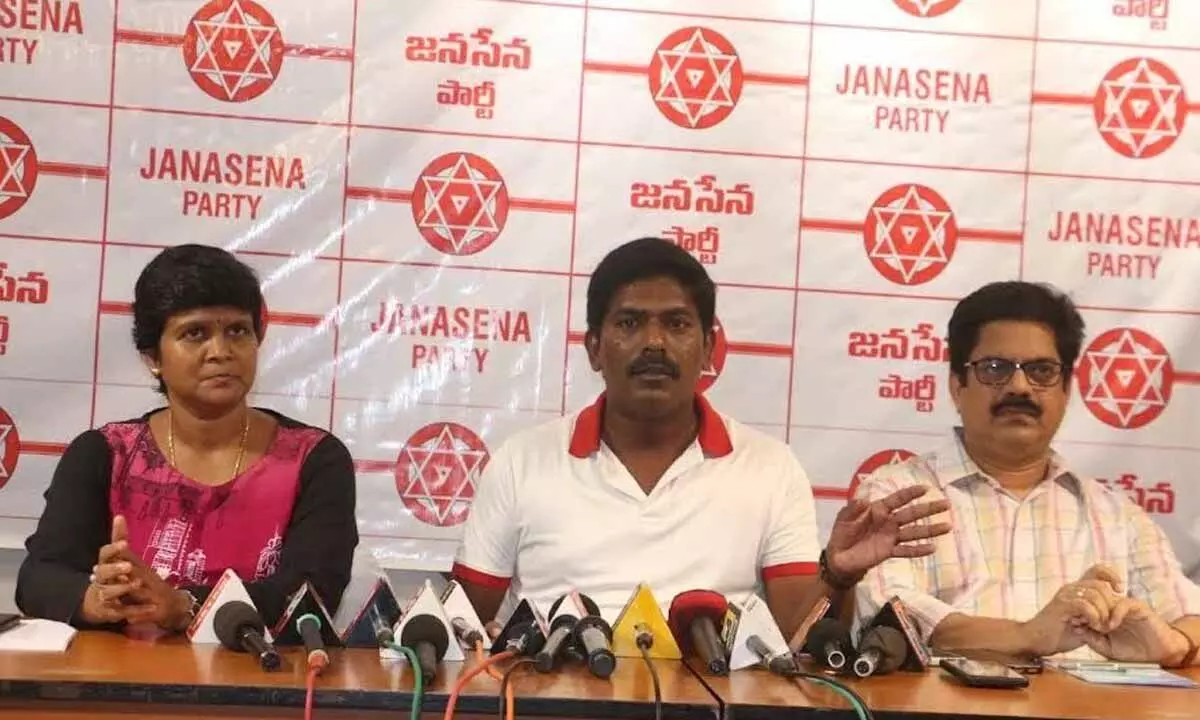 JSP corporator Peethala Murthy Yadav speaking at media conference in Visakhapatnam on Friday