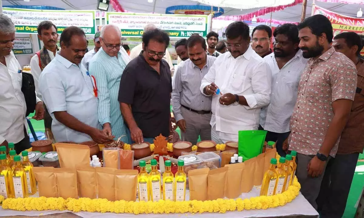 People looking at the organic products displayed at Organic Mela in Tirupati on Friday