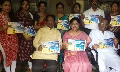 Navyandhra Rashtra Rachayathrula Sangam honorary president Tella Aruna and others releasing posters of poetesses’ meeting, in Vijayawada on Friday