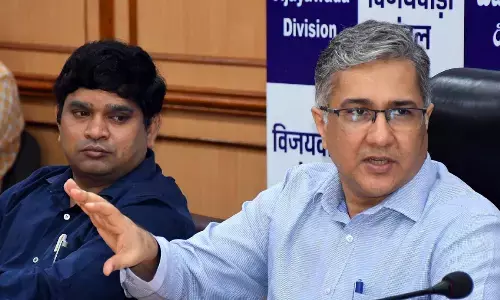 Divisional Railway Manager Narendra Anandrao Patil addressing the media at DRM office in  Vijayawada on Friday, Photo: ChVenkata Mastan