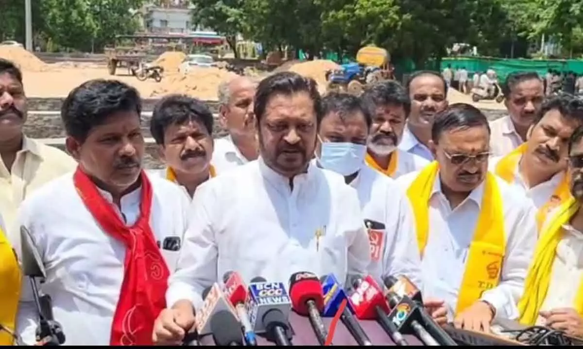 Former MP G V Harsha Kumar, former MLC Adireddy Apparao and others addressing the media in Rajamahendravaram on Saturday