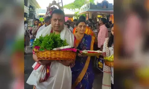 GMR Airports Chairman GBS Raju  along with family members visiting Lord Ram temple Bhadrachalam on Saturday.