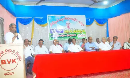 Renowned Dr Yalamanchili Rabindranath speaking in the programme at Khammam on Saturday.