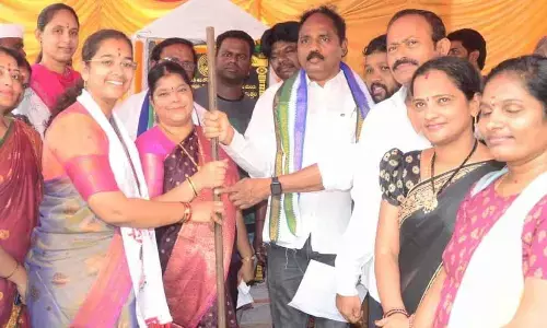 Mayor G Hari Venkata Kumari along with south constituency MLA Vasupalli Ganesh Kumar laying foundation stone for the development works in Visakhapatnam on Saturday