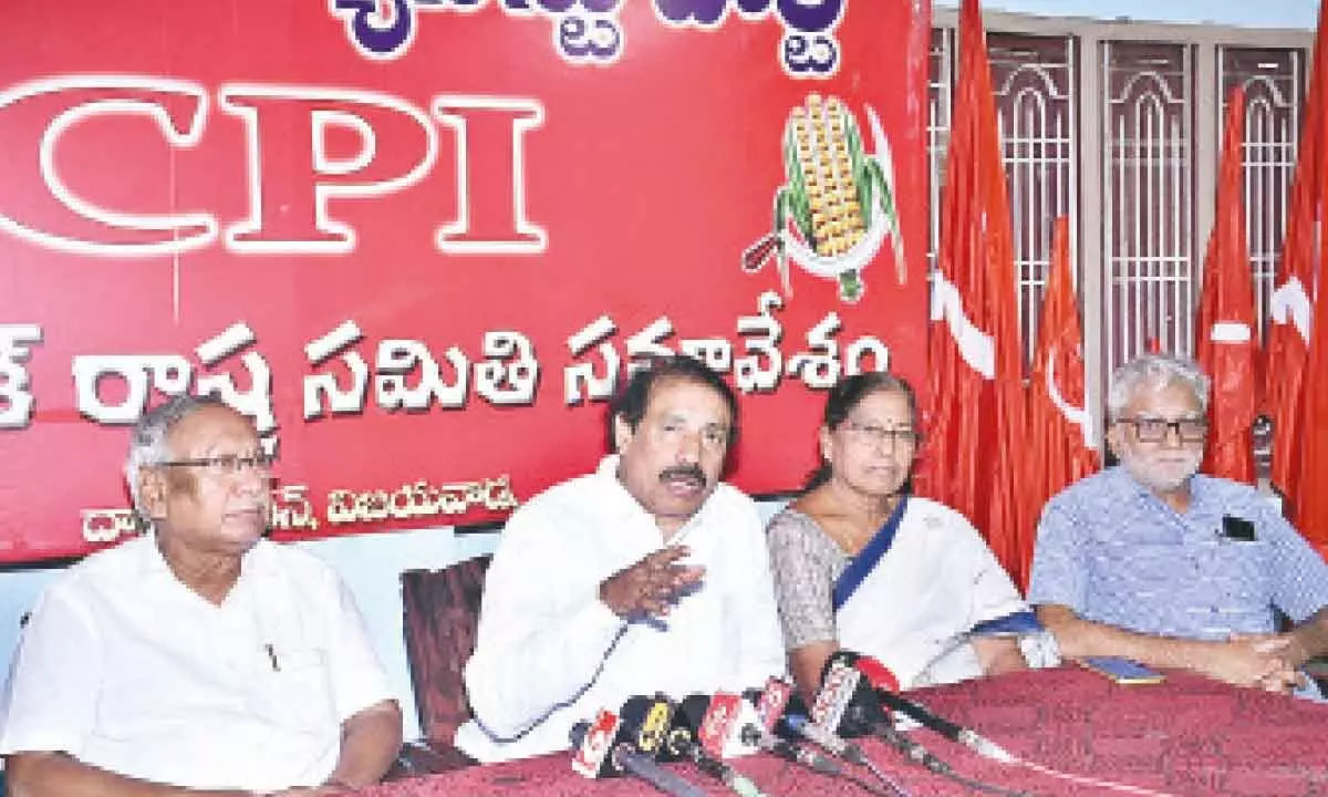 CPI State secretary K Ramakrishna addressing the media at the State party office in Vijayawada on Sunday