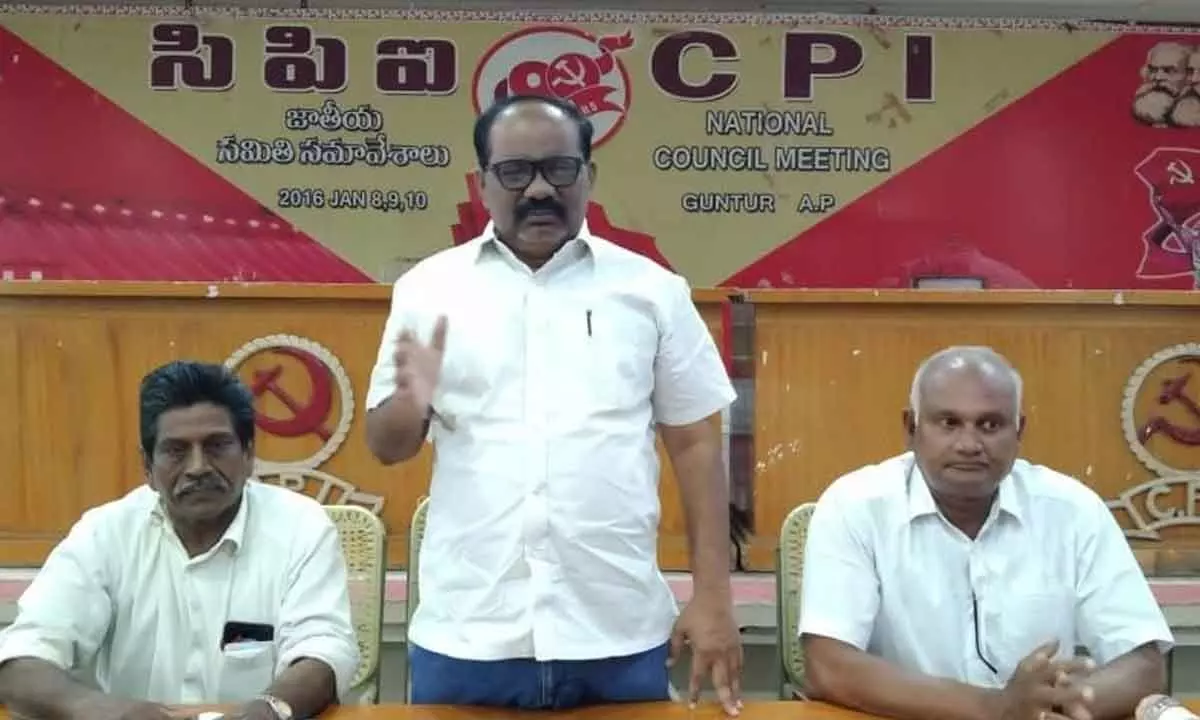 CPI district secretary J Ajay Kumar addressing a meeting in Guntur on Sunday