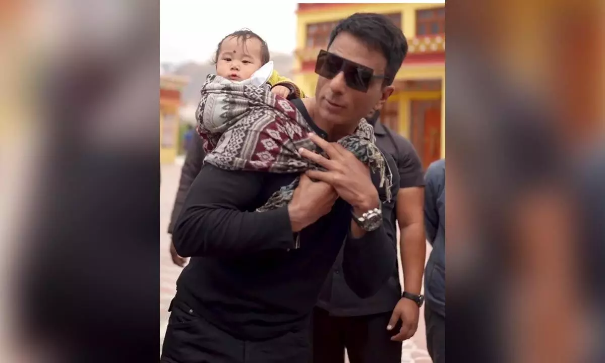 Sonu Sood turns babysitter as he gives piggyback ride to baby in Kaza