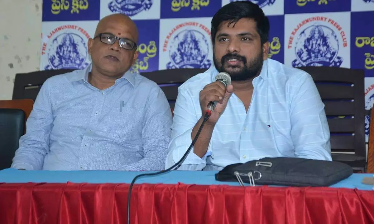 Pulapa Rakesh speaking at a media conference in Rajahmundry on Monday