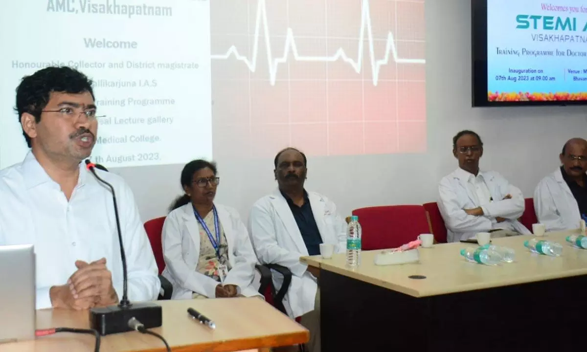 District collector A Mallikarjuna addressing the gathering at STEMI project training programme organised in Visakhapatnam on Monday