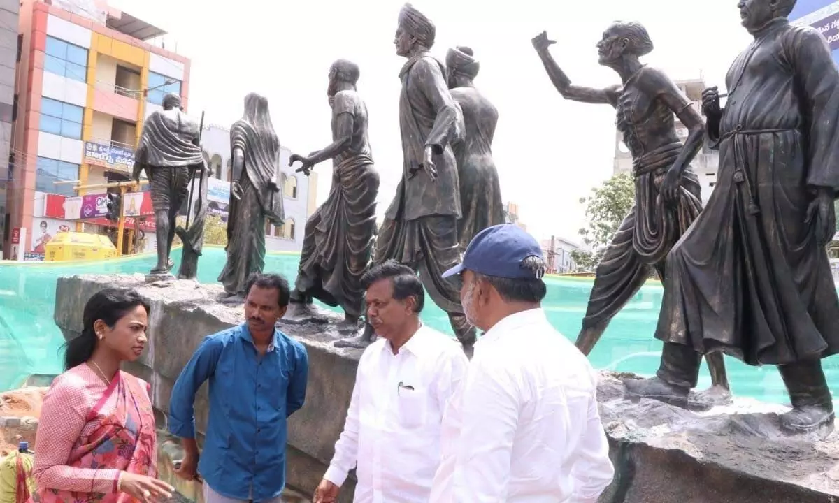 Municipal Commissioner D Haritha inspecting the Dandi March statues and Srinivas Sethu flyover works in Tirupati on Monday