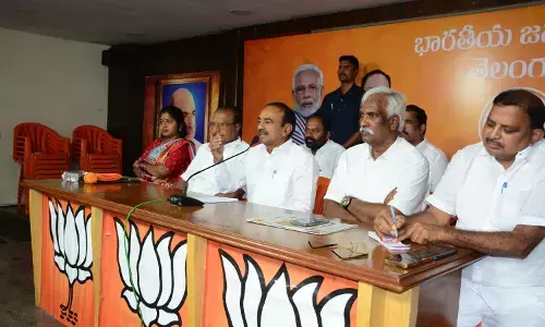 Etela Rajender addresses media at BJP state office in Nampally