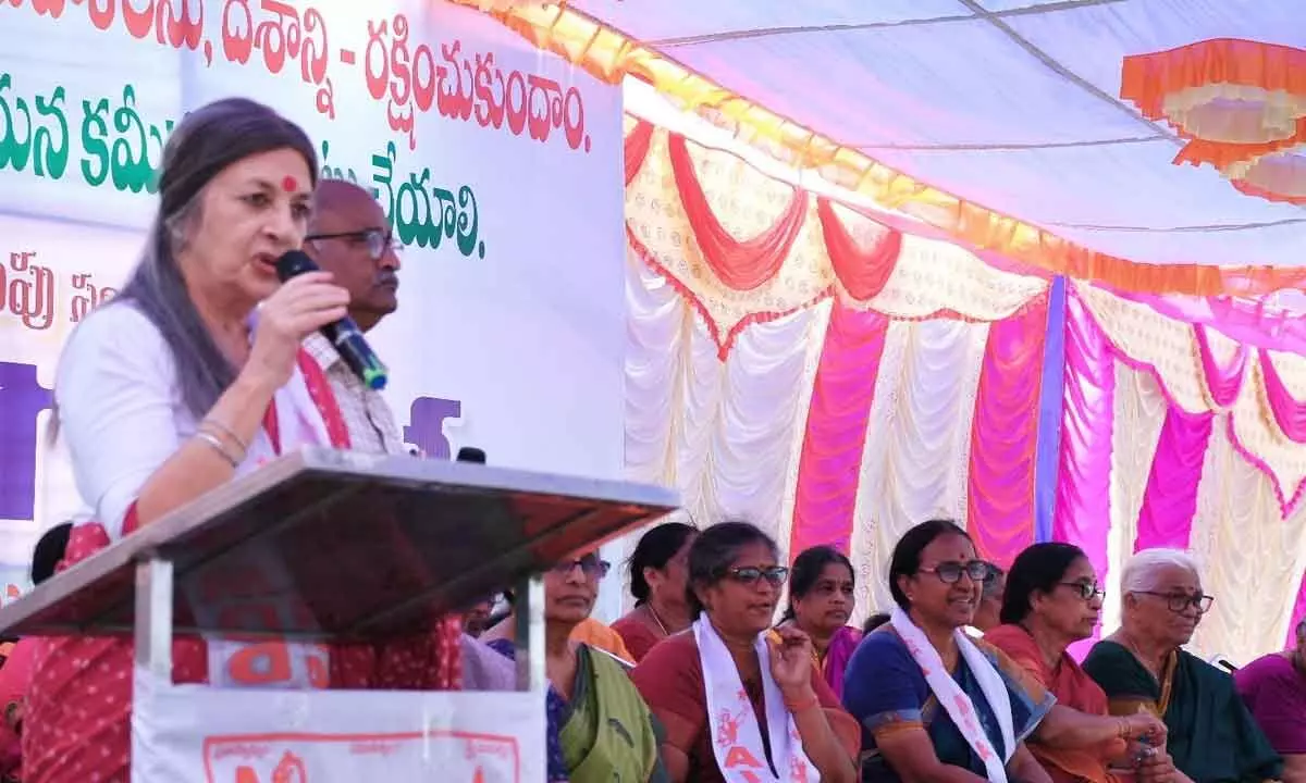 Former Rajya Sabha member and AIDWA senior leader Brinda Karat addressing a public meeting in Vijayawada on Tuesday Photo: Ch Venkata Mastan