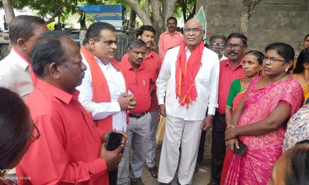 CPI national executive member Chada Venkat Reddy  along with party State secretariat member Takkalapally Srinivas Rao speaking to the people in Kazipet on Tuesday