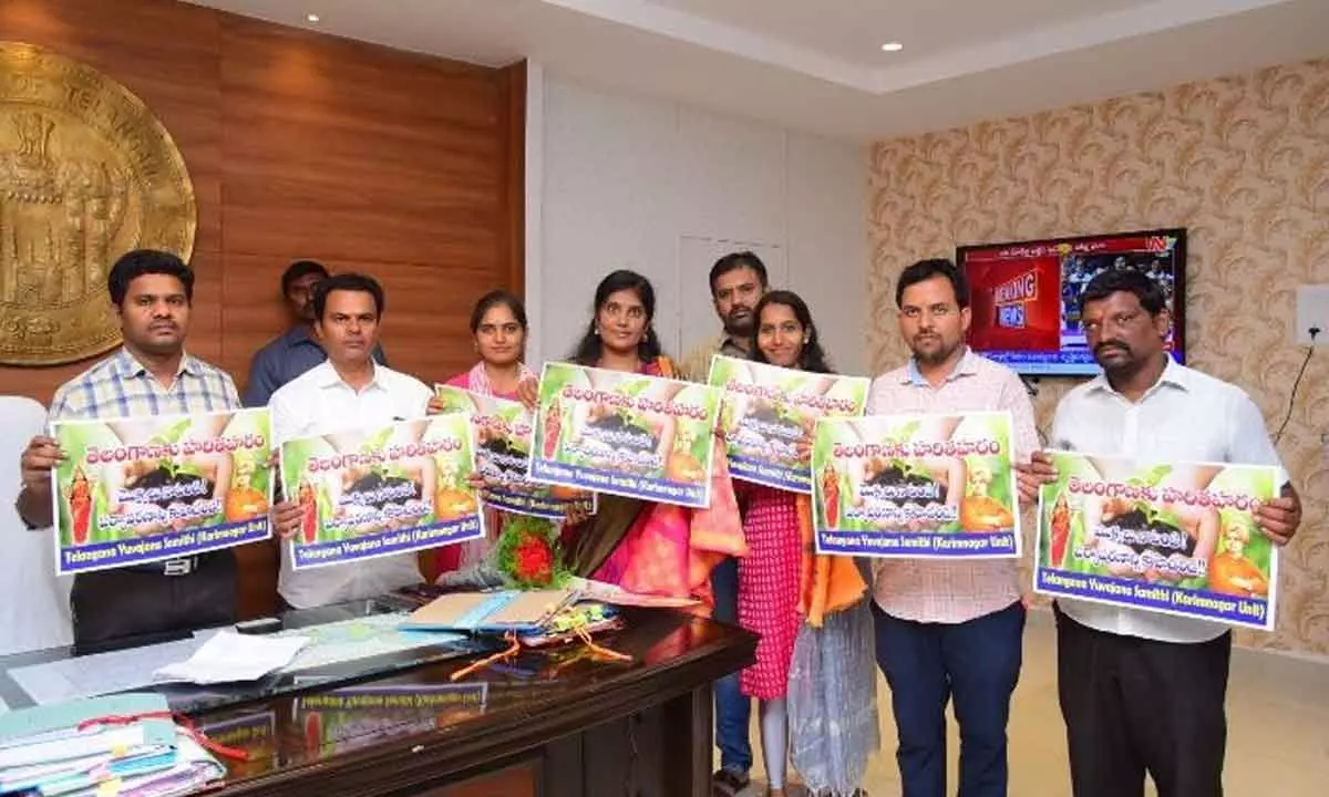 District Collector Dr. B Gopi released a poster brought out by Telangana Yuvajana Samithi to sensitise people to plant saplings in Karimnagar on Tuesday