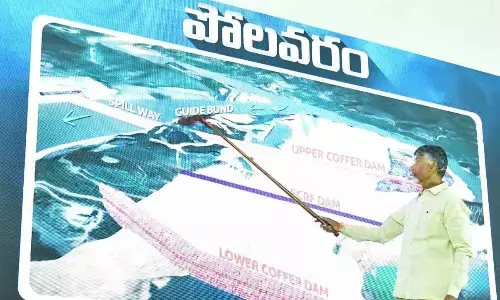 TDP national president N Chandrababu Naidu explaining the Polavaram Project through a power point presentation in Rajamahendravaram on Tuesday