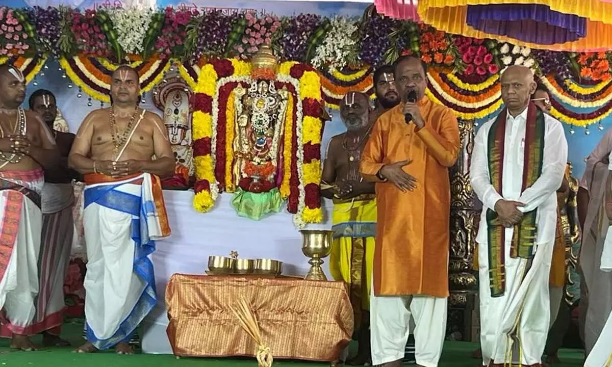 TTD EO A V Dharma Reddy participating in Srinivasa Kalyanam held on the last day of Purushottama Maas Mahotsav in Tirupati on Wednesday