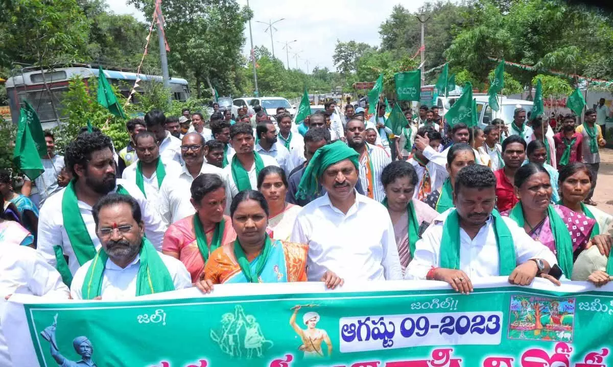 Former MP Ponguleti Srinivas Reddy participating in an Adivasi rally at Yellandhu on the occasion of the World Adivasi Day on Wednesday.