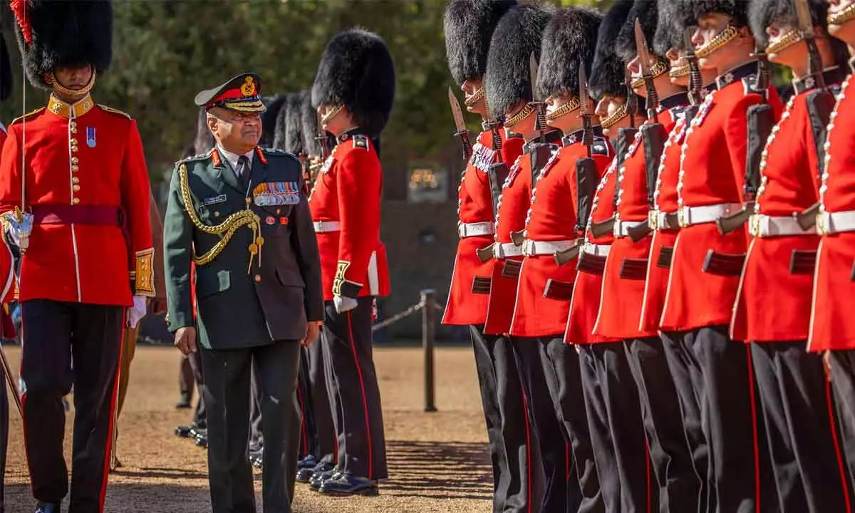 Chief of Army Staff General Manoj Pande inspects a Guard of Honour by British Army personnel, at Horse Guards Parade in London on Thursday