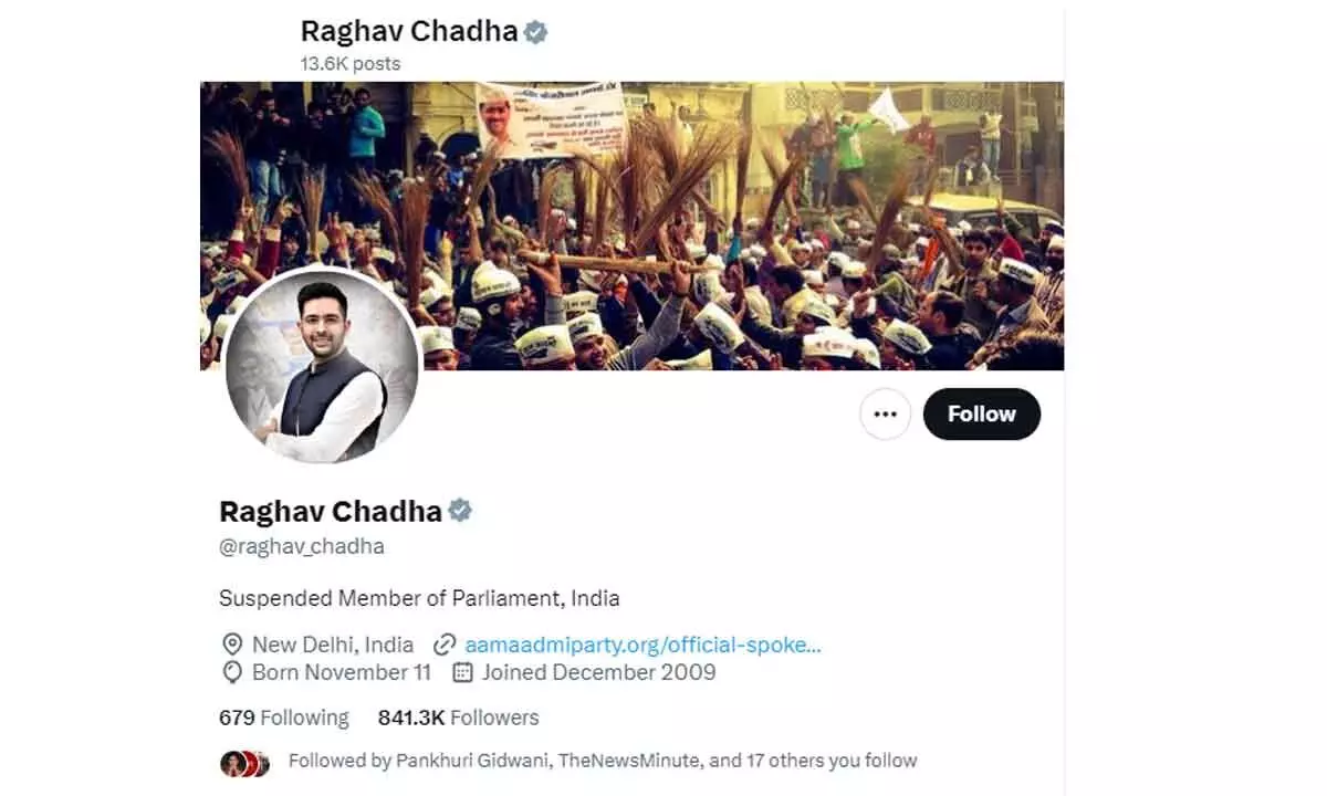 Raghav Chadha changes X handle to suspended MP