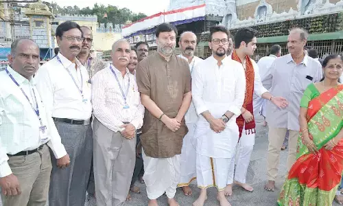 Union Minister for Information & Broadcasting Anurag Thakur outside the Srivari temple  at Tirumala on Sunday