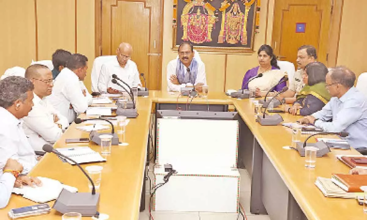 TTD chairman B Karunakar Reddy along with EO A V Dharma Reddy holds a meeting with top officials of TTD, forest and police onpilgrim safety on footpaths in Tirupati on Monday