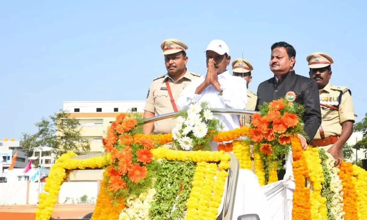Deputy CM K Narayana Swamy inspecting the guard of honour at the I-day celebrations in Tirupati.