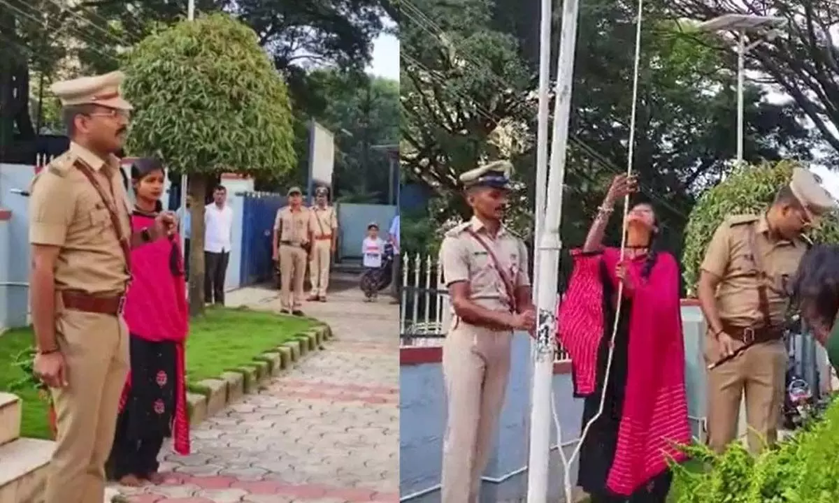 Innovative Independence Day Celebration in Hassan: Tribal Girl Hoists Flag at district Police Office