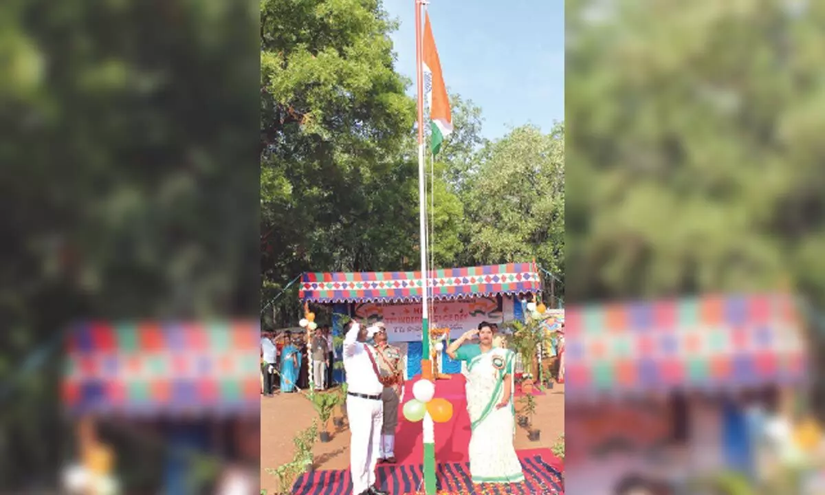 SVIMS Director Sada Bhargavi saluting the national flag at the I-Day celebrations in Tirupati on Tuesday