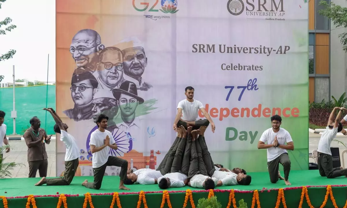 SRM University-AP students taking part in Independence Day celebrations in Neerukonda (Guntur district) on Tuesday