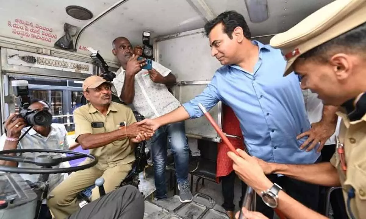IT Minister KT Rama Rao greeting an RTC driver in Sircilla on Tuesday