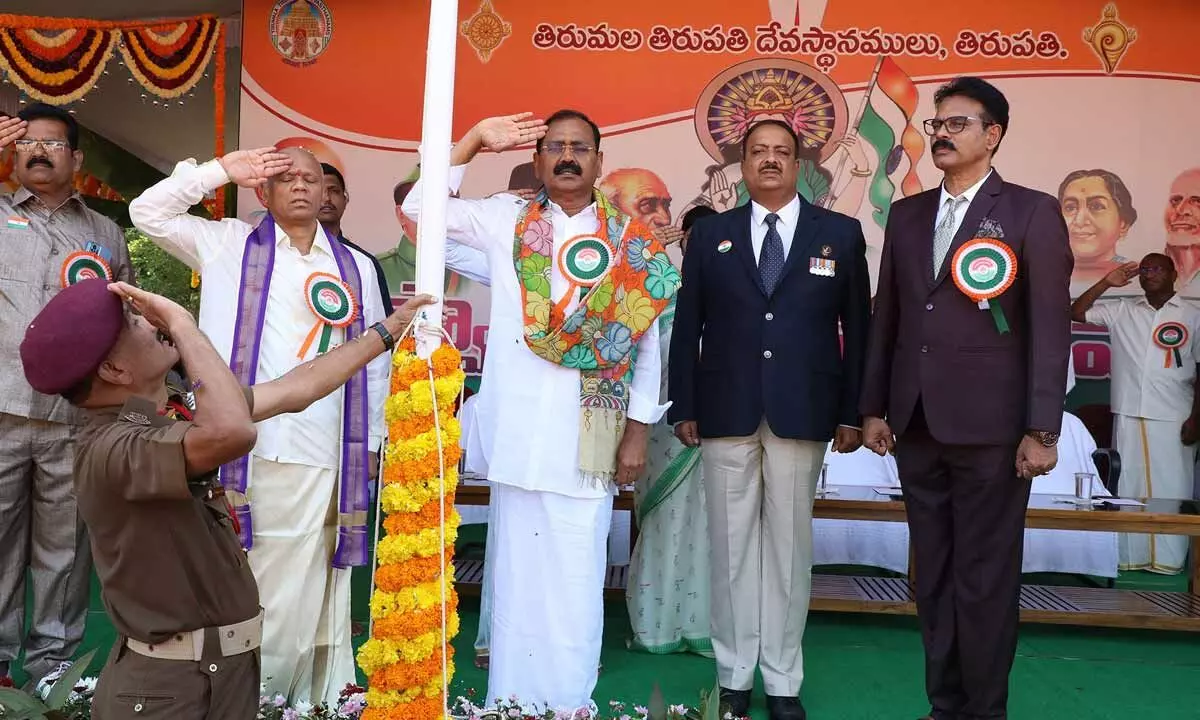 TTD chairman Bhumana Karunakar Reddy, EO A V Dharma Reddy saluting national flag at the Independence Day celebrations in TTD administrative building in Tirupati on Tuesday.