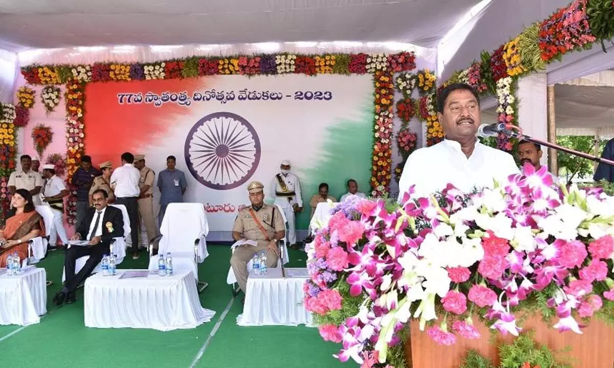 Minister for Revenue Dharmana Prasada Rao addressing a meeting in Guntur on Tuesday. District collector M Venugopal Reddy, SP K Arif Hafeez, Joint Collector G Rajakumari are also seen.