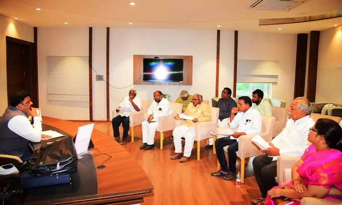 Bapatla district  collector  P Ranjit Basha addressing a meeting with the  representatives of political parties in Bapatla on Wednesday