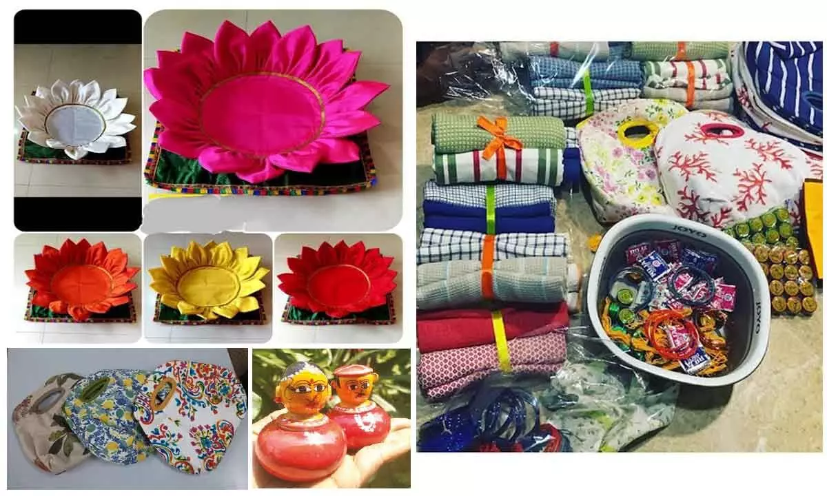 Artificial lotus flowers made from upcycled items for ‘Varalakshmi puja’ in Visakhapatnam; Eco-friendly kitchen towels replace blouse pieces in ‘vayanams’; Washable cloth bags get into the ‘vayanam’ basket; Reusable kumkum and  turmeric wooden boxes form a part of ‘vayanam’ basket