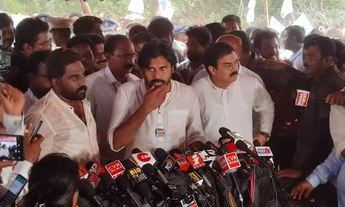 Jana Sena Party chief K Pawan Kalyan addressing the media in Visakhapatnam on Wednesday