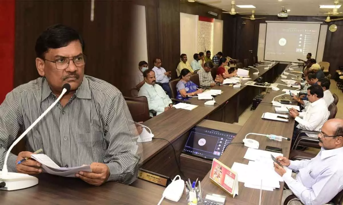 Joint Collector P Srinivasulu addressing district officers at a meeting at the Collectorate in Chittoor on Wednesday