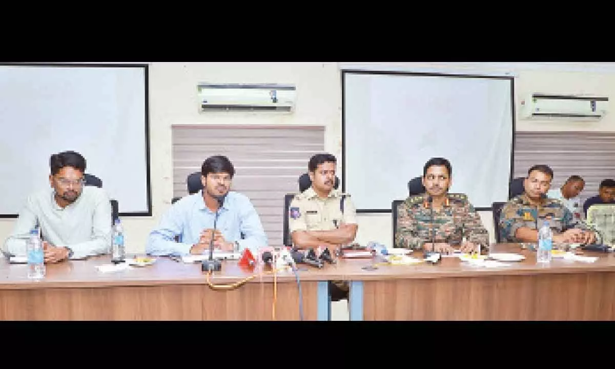 Colonel Keats K Das, District Collector VP Gautham, Commissioner of Police Vishnu S Warrier briefing the media on the Agniveer recruitment in Khammam on Wednesday