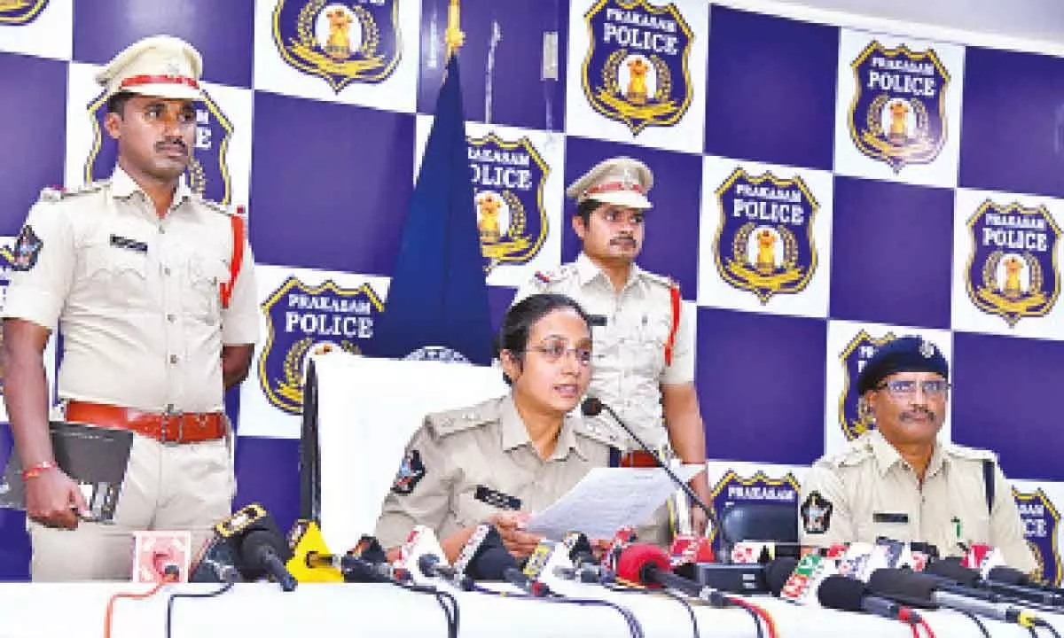 SP Malika Garg explaining details of the attack on a woman by the in-laws of her borther at DPO Ongole on Wednesday