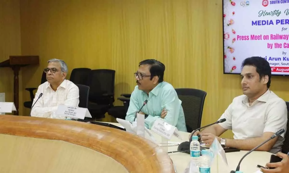 South Central Railway General Manager Arun Kumar Jain speaking to the media in Secunderabad on Wednesday