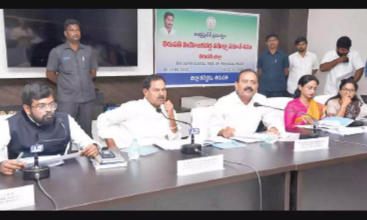 TTD Chairman Bhumana Karunakar Reddy speaking at the constituency review meeting in Tirupati on Saturday. Deputy CM K Narayana Swamy, Joint Collector DK Balaji, Commissioner D Haritha and Mayor Dr R Sirisha are also seen.