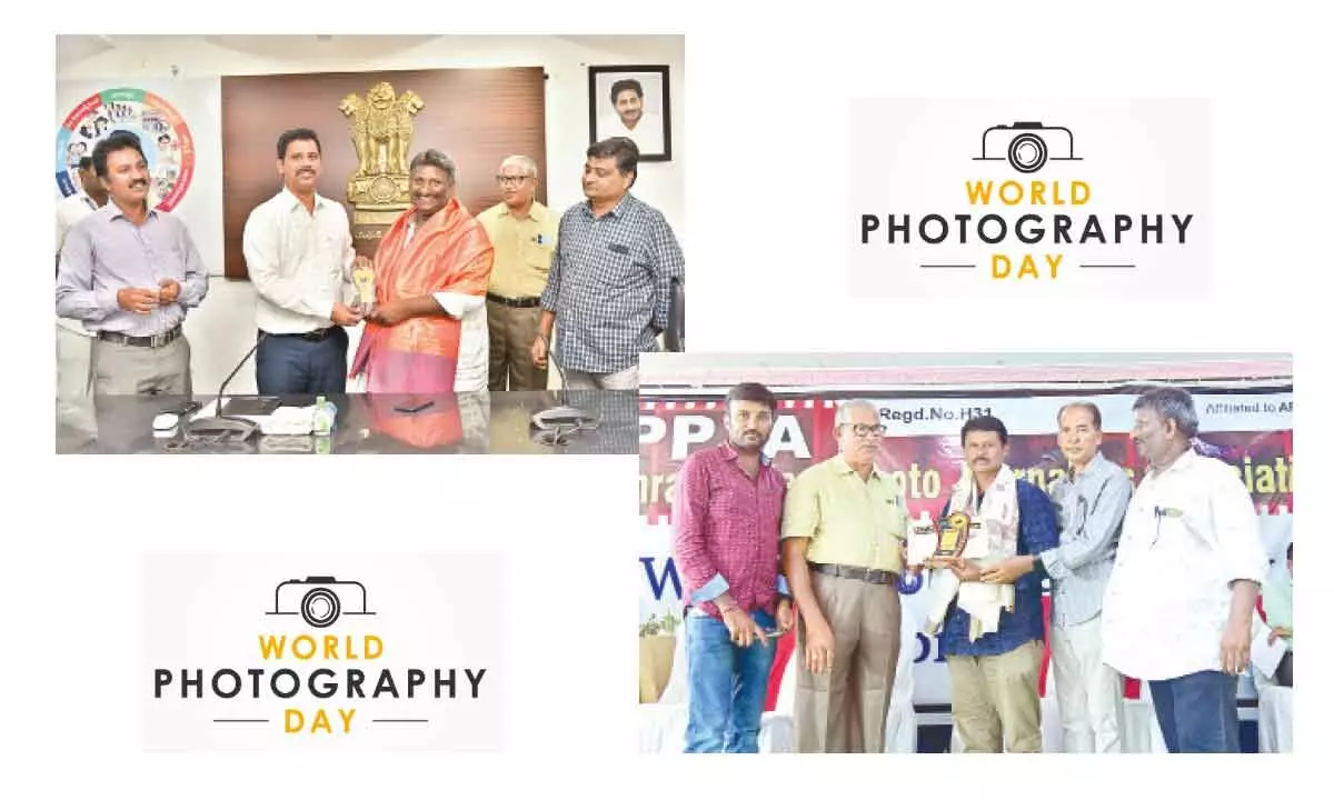 NTR District Collector S Dilli Rao felicitating The Hans India photojournalist Ch Venkata Mastan on the occasion of the World Photography Day at Vijayawada on Saturday(Top); The Hans India chief photographer Adula Krishna (second from right) receiving a memento and citation at a function held at the Press Club, Vijayawada on Saturday to mark the World Photography Day. The event was organised by Andhra Pradesh Photo journalists Association.(Btm Pic)