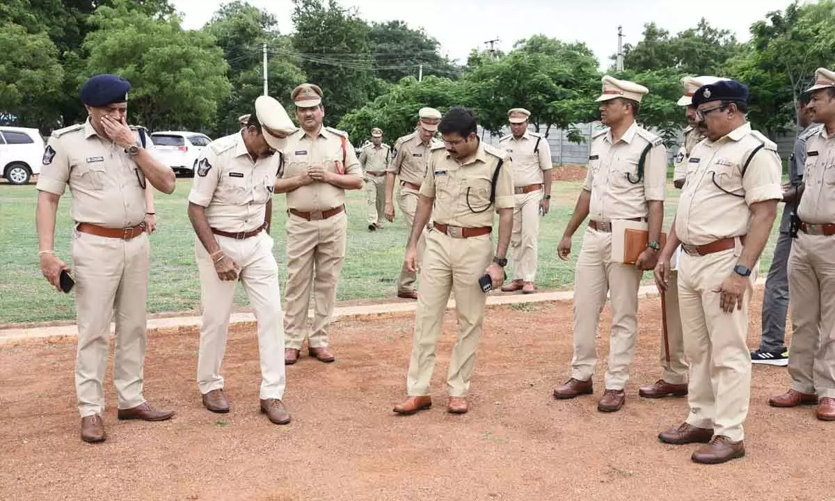 Superintendent of Police G Krishna Kanth inspecting arrangements for SIs physical test to be conducted at APSP 2nd Battalion grounds in Kurnool on Saturday.