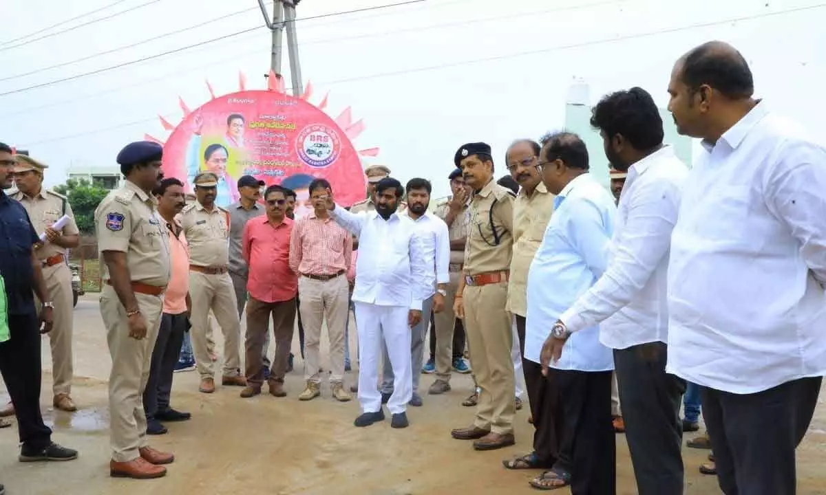 Minister Jagadish Reddy along with SP Rajendra Prasad inspecting the public meeting venue in Suryapet on Saturday