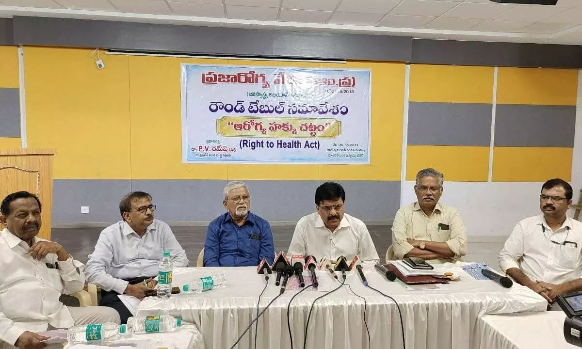 Retired IAS officer Dr PV Ramesh addressing a roundtable in Vijayawada on Sunday