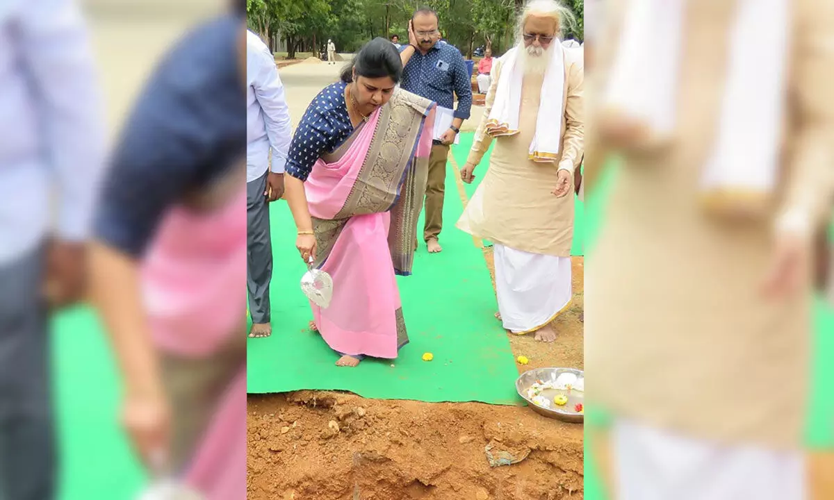 TTD JEO (Health and Education) Sada Bhargavi laying foundation stone for the construction of Homasala at SV Vedic University in Tirupati on Sunday