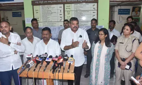 Ministers Botcha Satyanarayana and P Rajanna Dora speaking to the media in Vizianagaram on Sunday