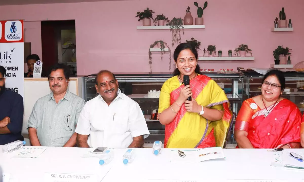 Mayor Dr R Sirisha speaking at two-day training programme for women on millet-based food products in Tirupati on Monday. (Right) Women who come for training.
