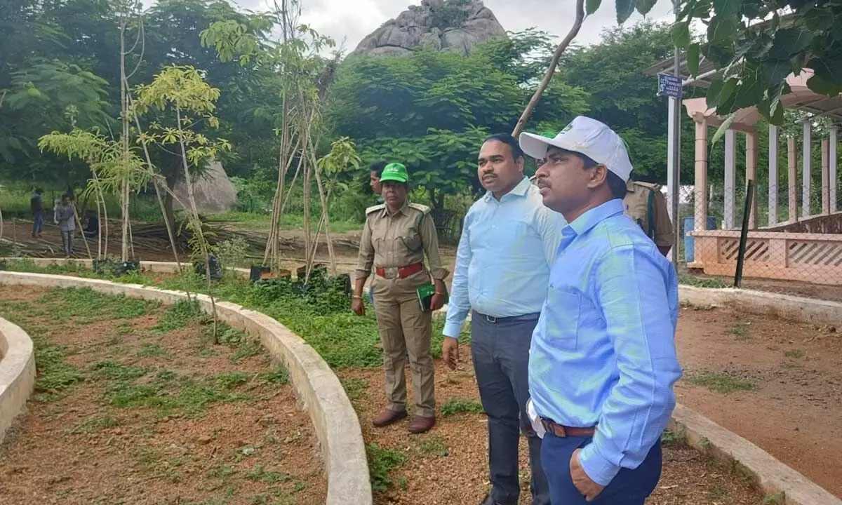 Palnadu district collector Siva Sankar Lotheti visiting Kondaveeti Fort on Monday. Palnadu district forest officer Ramachandra Rao is also seen.