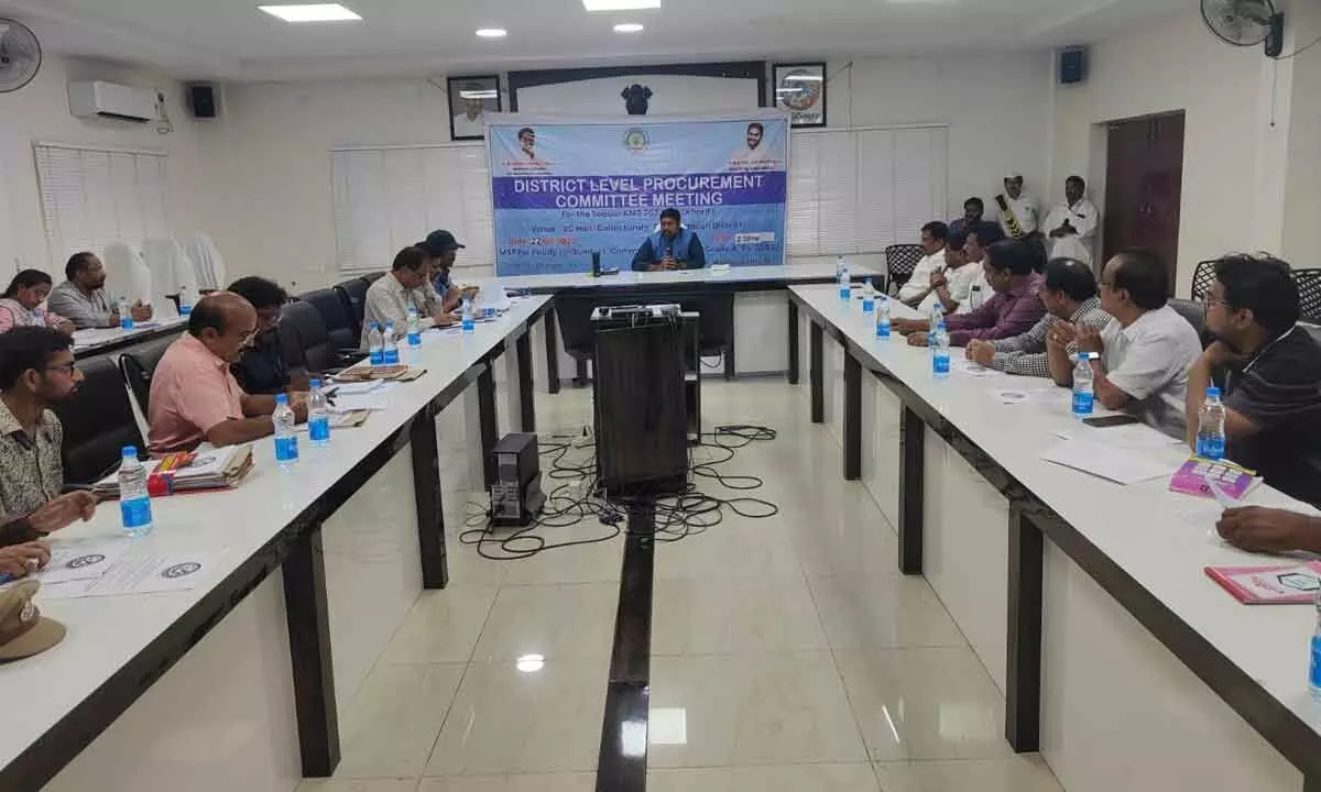 District Joint Collector N Tej Bharat speaking at the District-Level Procurement Committee  meeting at the Collectorate on Tuesday