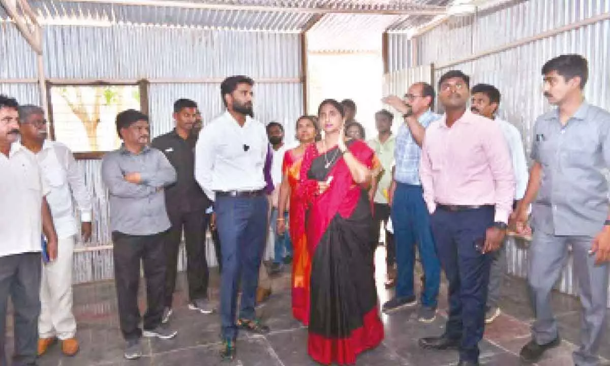 Collector Dr K Madhavi Latha, MP M Bharat Ram and others inspecting the temporary hostel in the government hospital in Rajamahendravaram on Tuesday